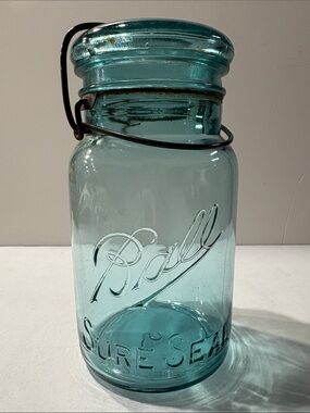 Ball Sure Seal Aqua blue Glass Canning Jar with Wire Bail Lid antique #5
